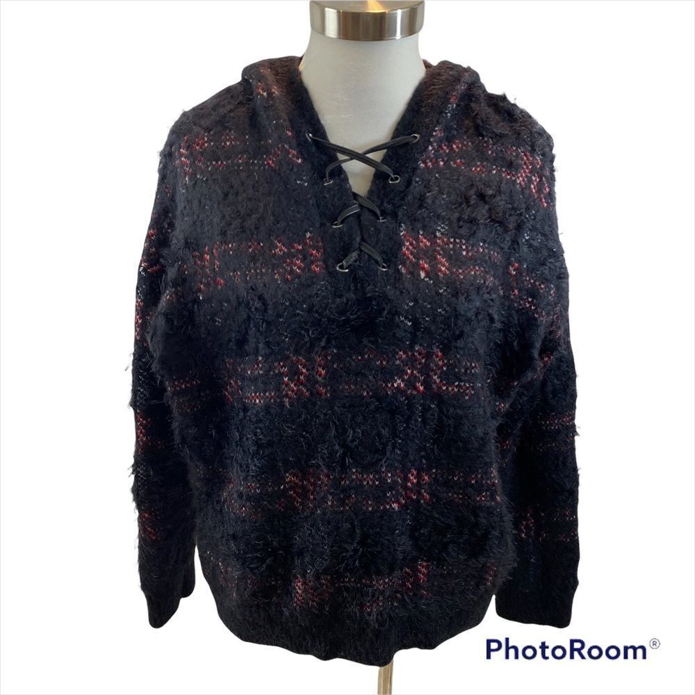 Ladies Rock &‎ Republic Fuzzy Lace Up Neck Hooded Sweater Size Medium